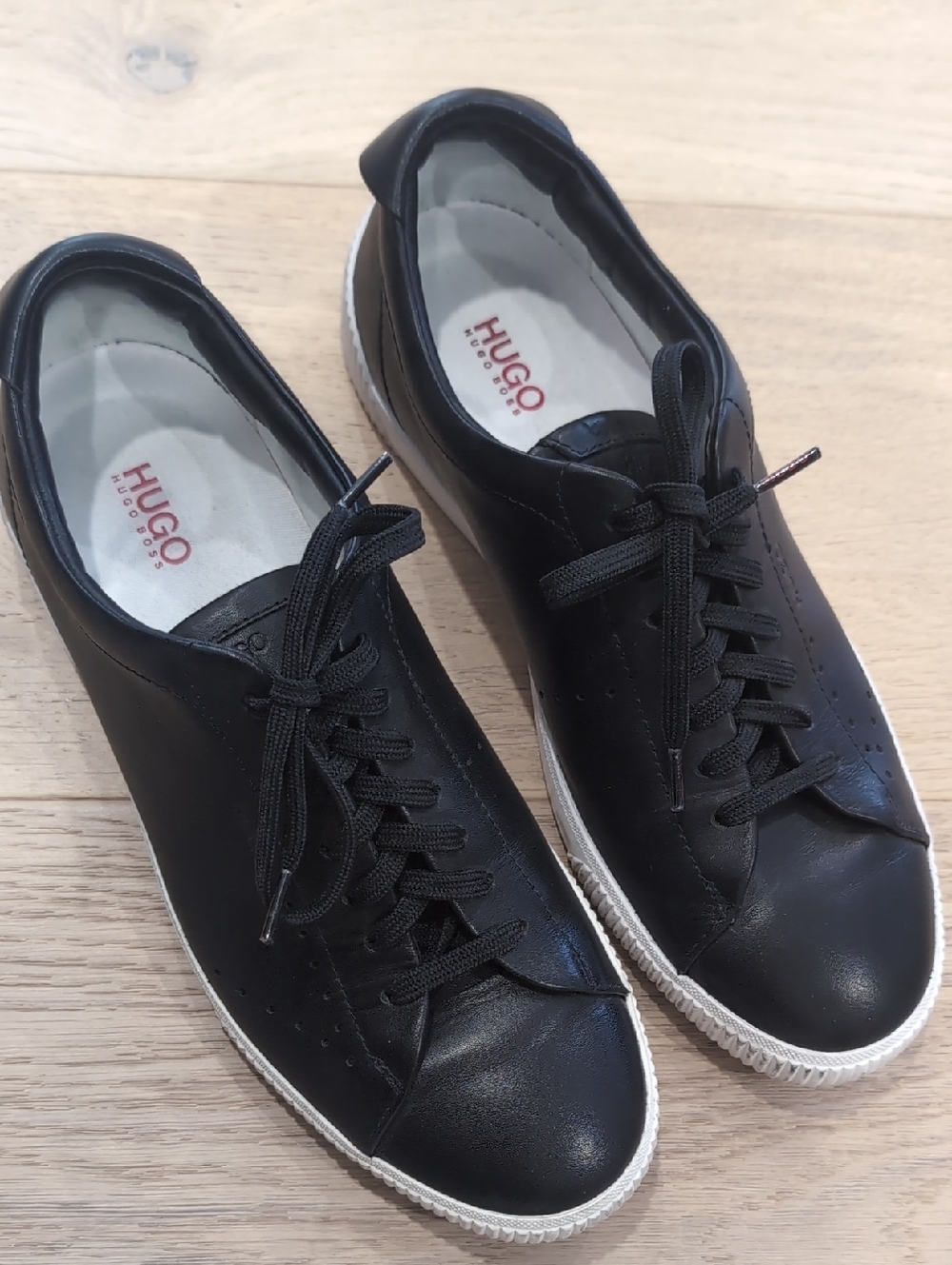 HUGO Black Leather Low-Top Sneakers with White Sole